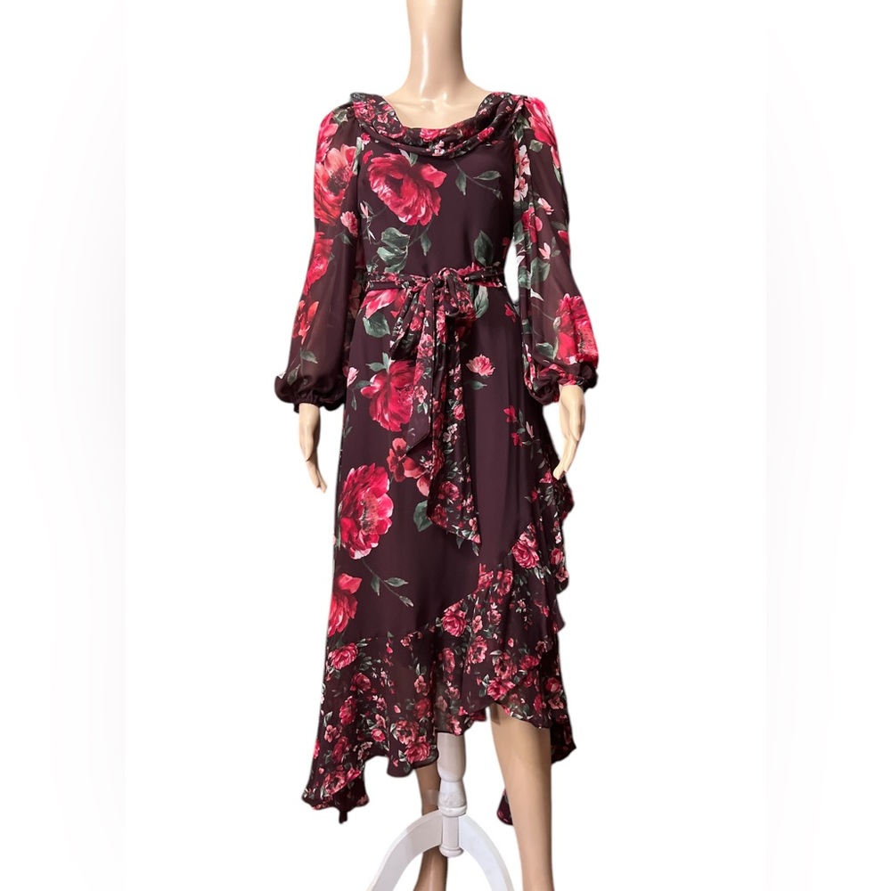 NWT Alex Marie Size 2 Chiffon Floral Midi Dress Cowl Neck Long Sleeves Ruffles - Picture 2 of 13